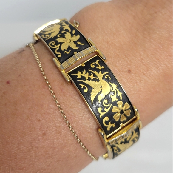 Vintage Sign IA Toledo Spain Damascene Bracelet - Whimsical Bird Pattern - Picture 1 of 8